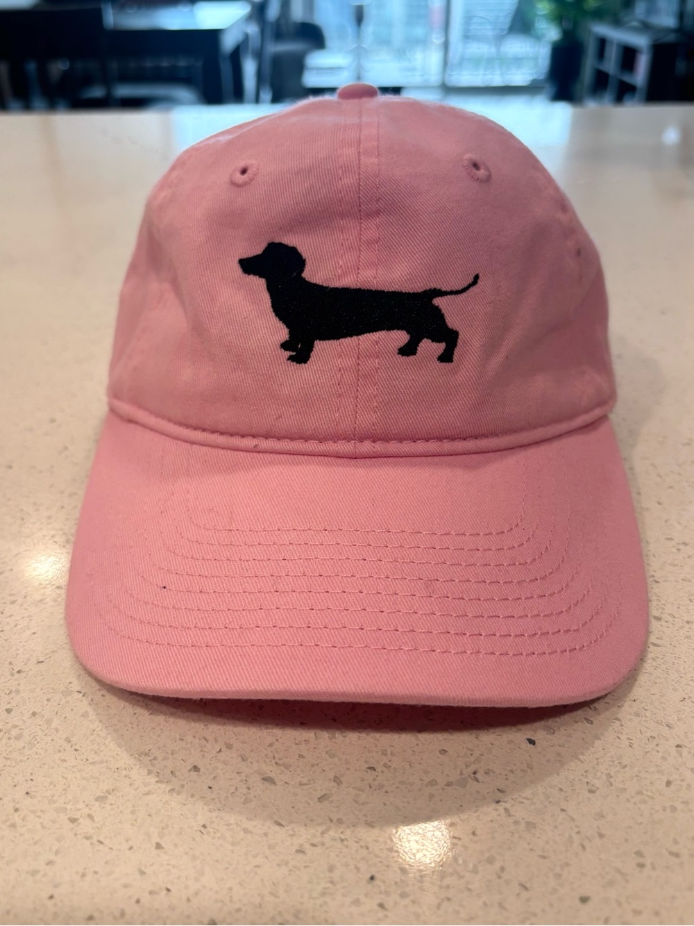 Seaside Women’s Pink Baseball Cap with Navy Dachshund Embroidery, Adjustable